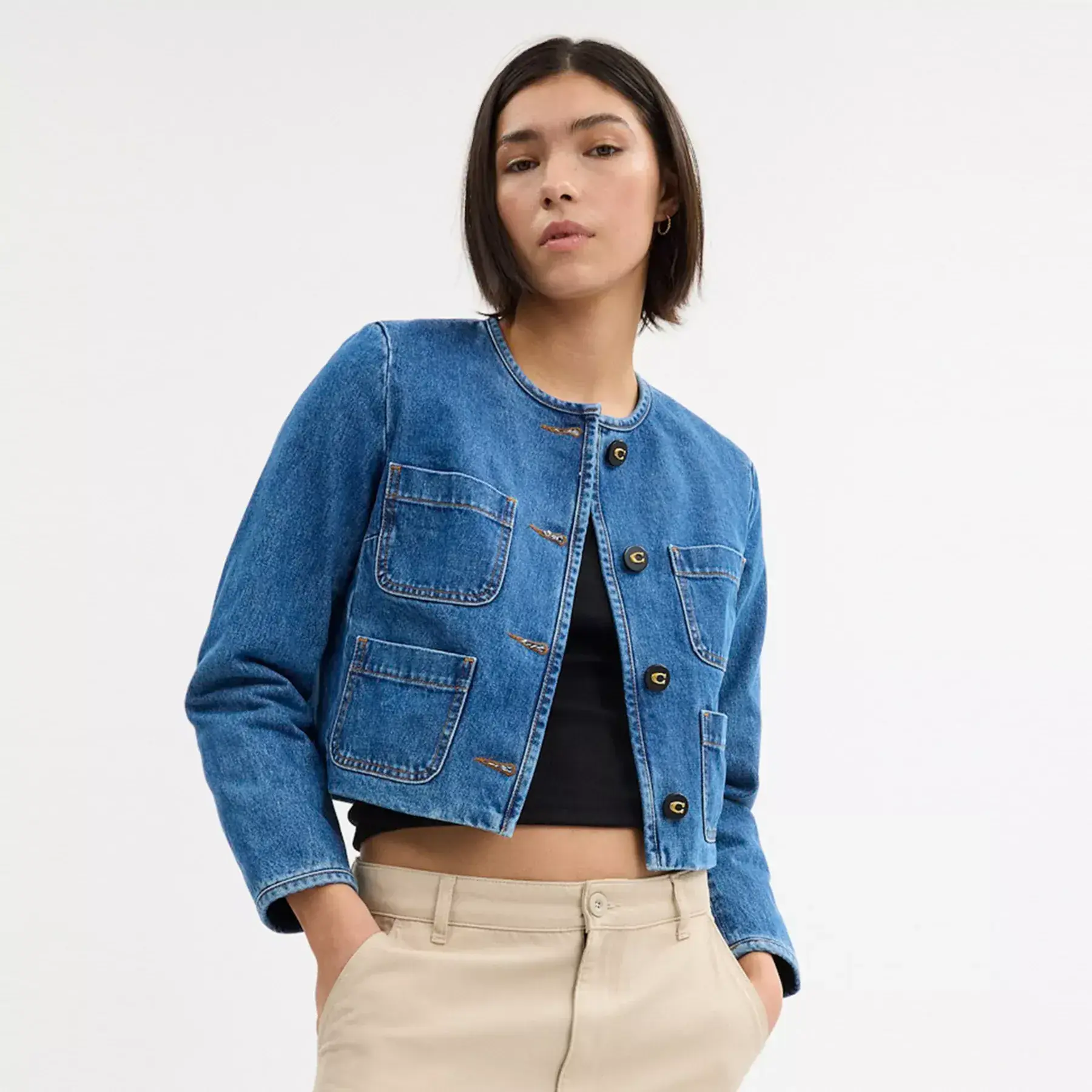 Collarless Denim Jacket In Organic Cotton