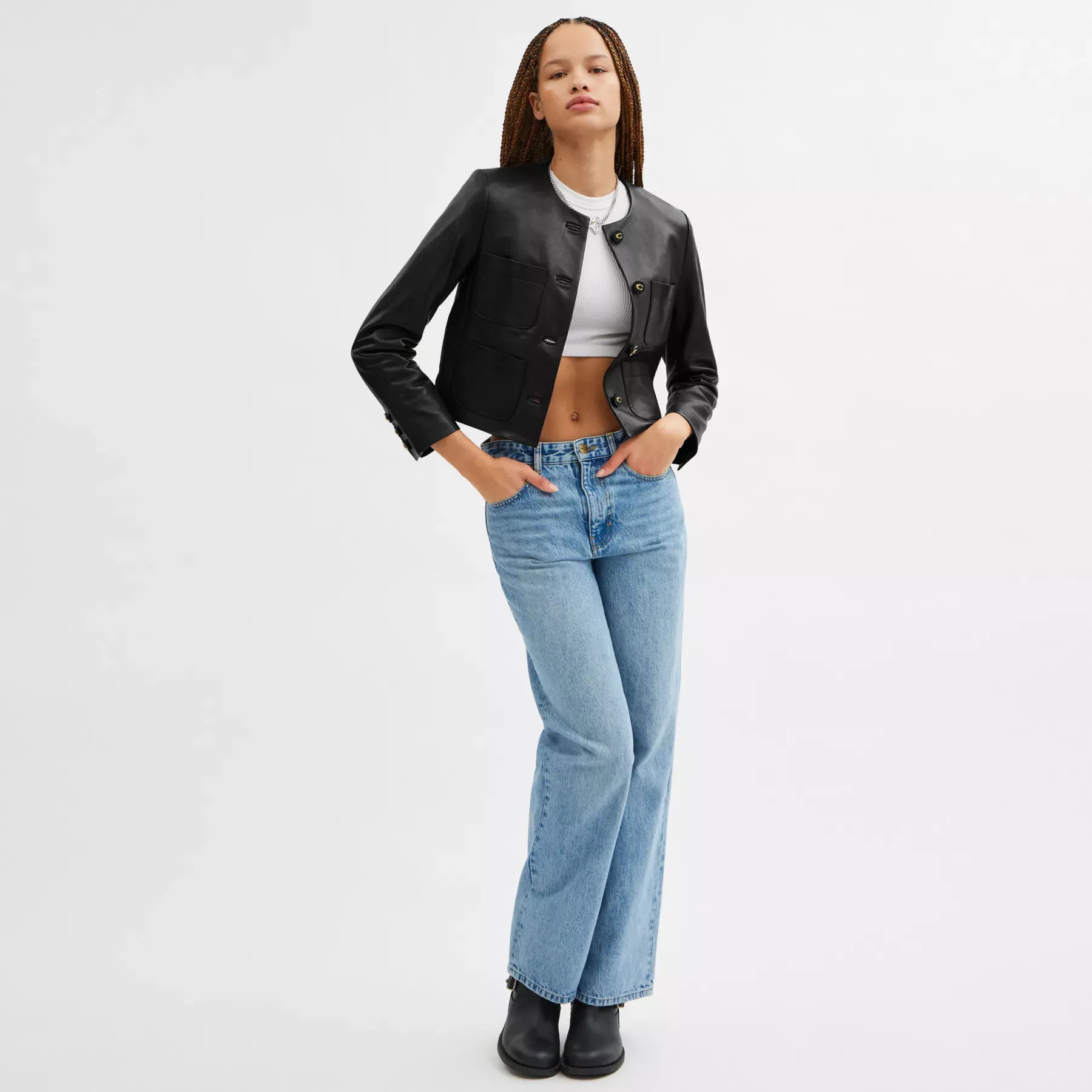Collarless Leather Jacket