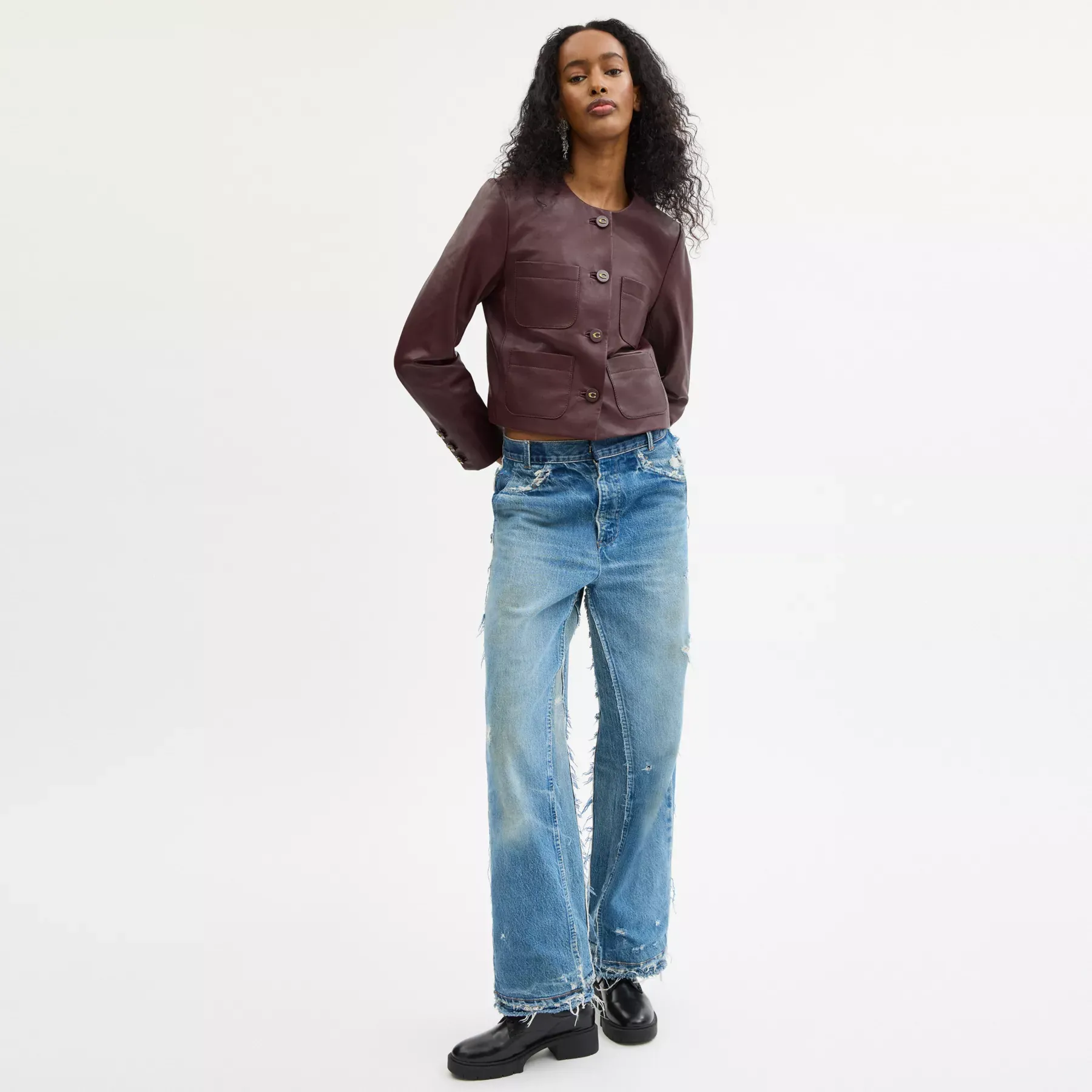 Collarless Leather Jacket