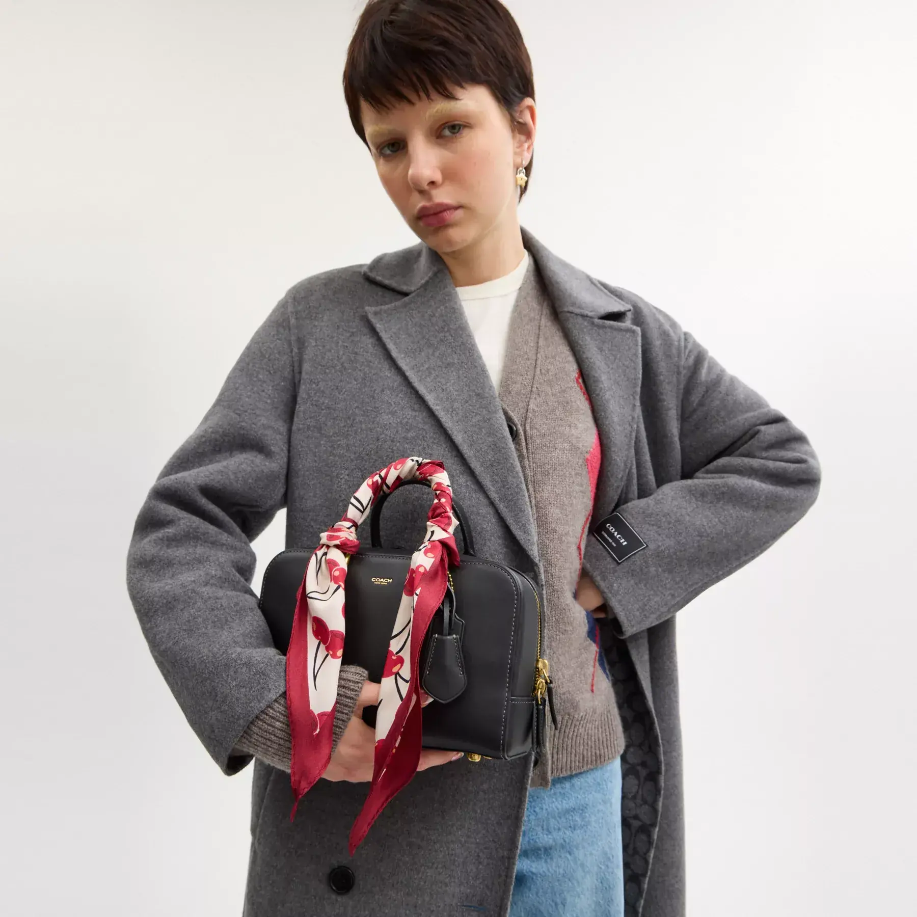 Cursive Coach Script Cherry Swirl Print Silk Diamond Scarf