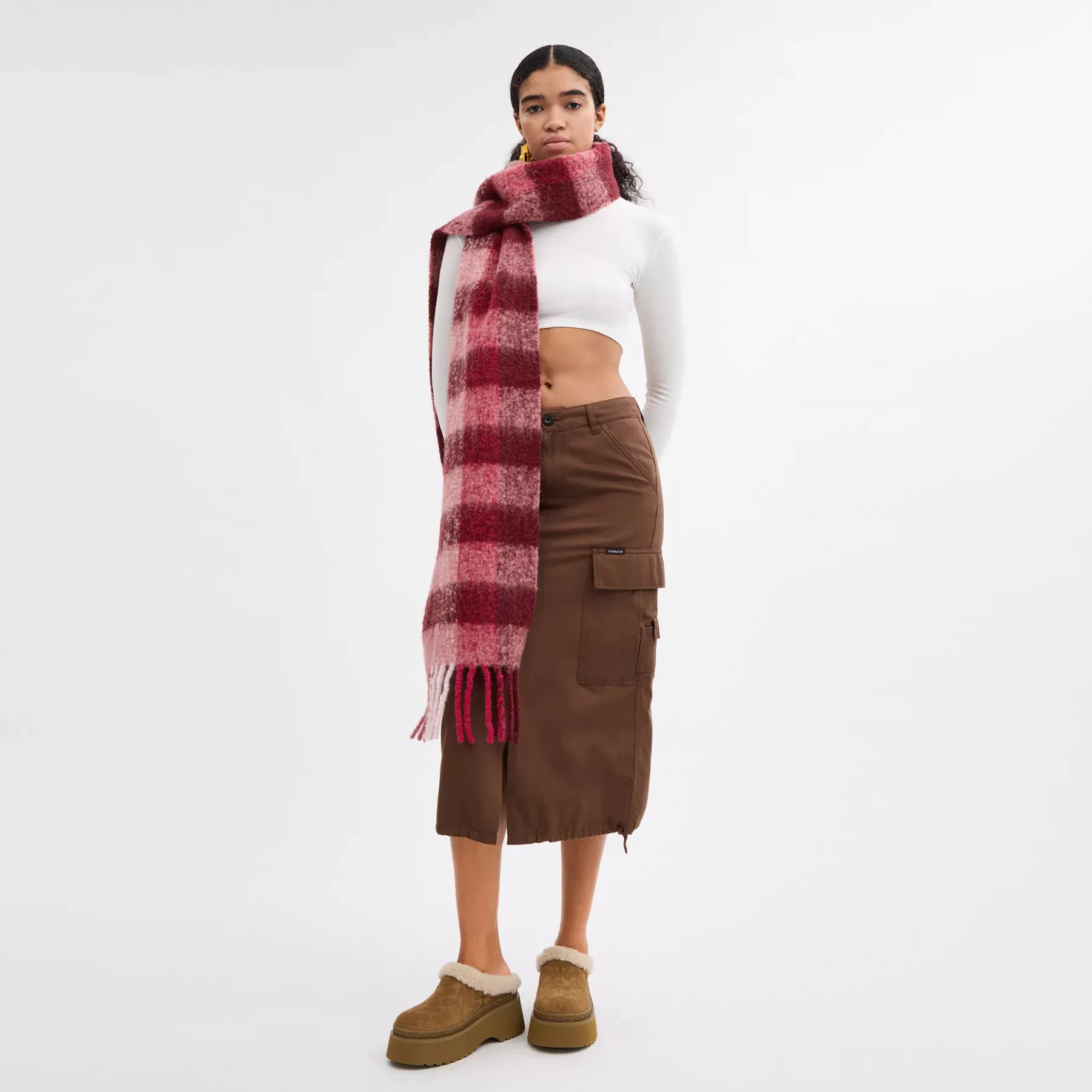 Oversized Plaid Muffler With Leather Patch